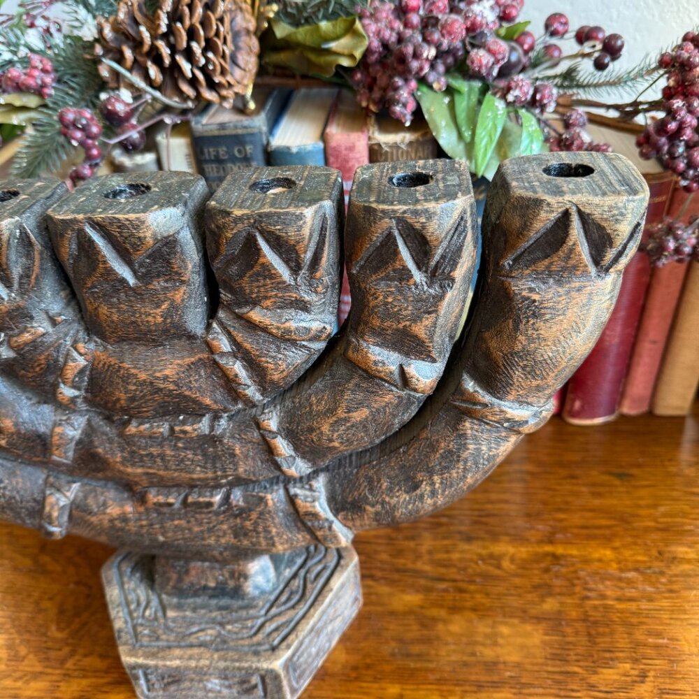 Vintage Large Carved Wood 7 Branch Menorah/Candelabra Signed - Picture 5 of 17
